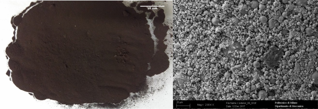 Oxy-cutting fines: picture (left) and SEM-SE micrography (right)