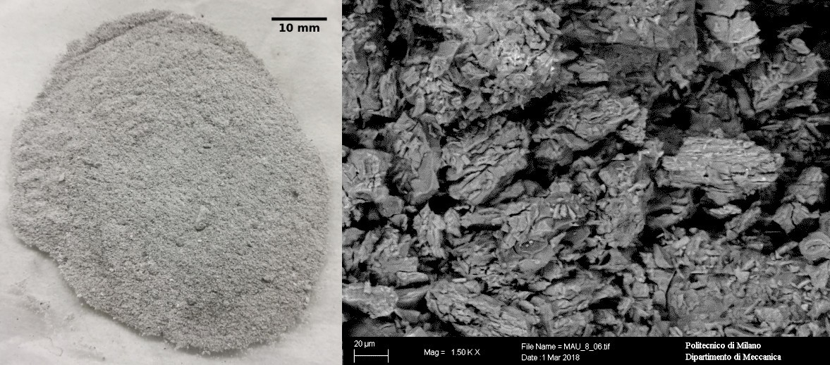 LF slag fines: picture (left) and SEM-SE micrography (right)