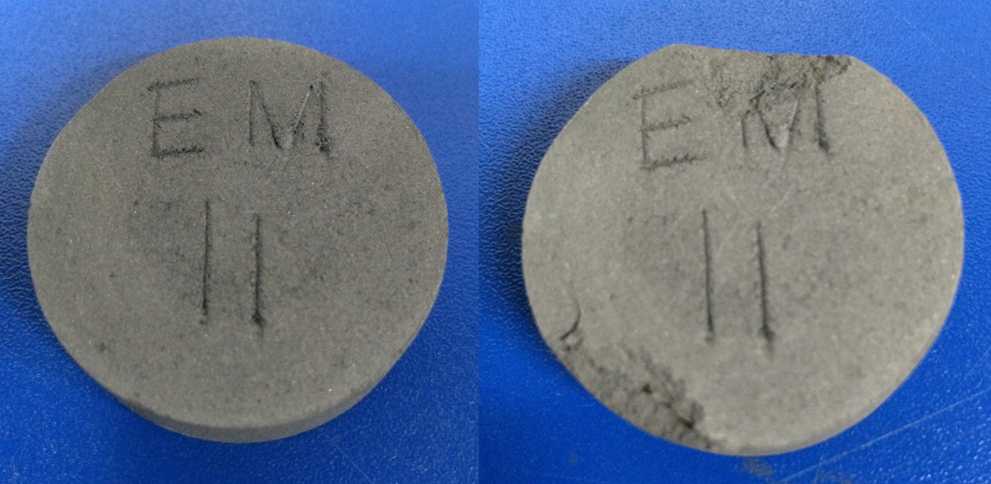 Agglomerated grinding sludge before (left) and after (right) drop test